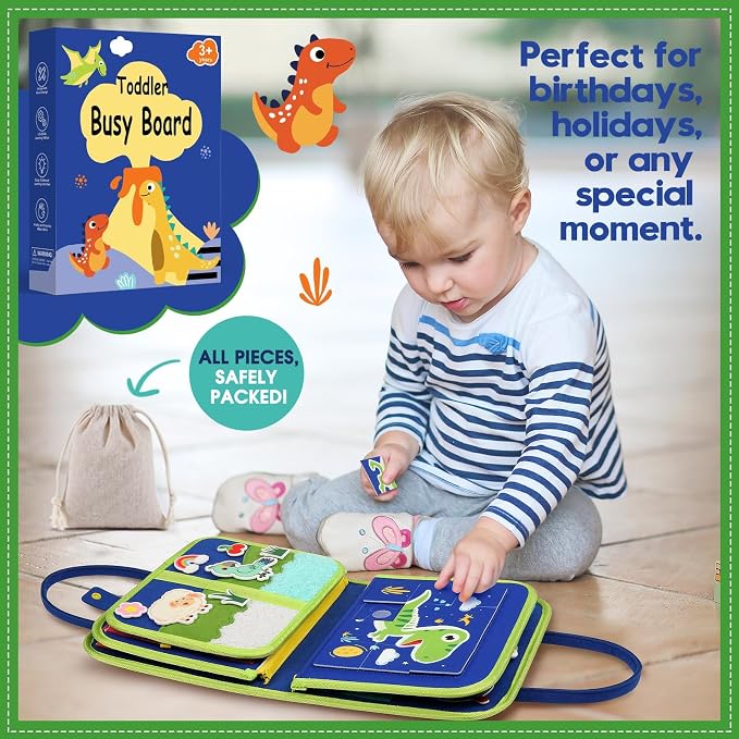 Toddler Sensory Busy Board: Travel Toy Activity Book for Girls Boys, Motor Skill Development Gift for Baby Aged 3-4 Years, Fine Educational Preschool Montessori Learning Toy for Car Airplane Dinosaur