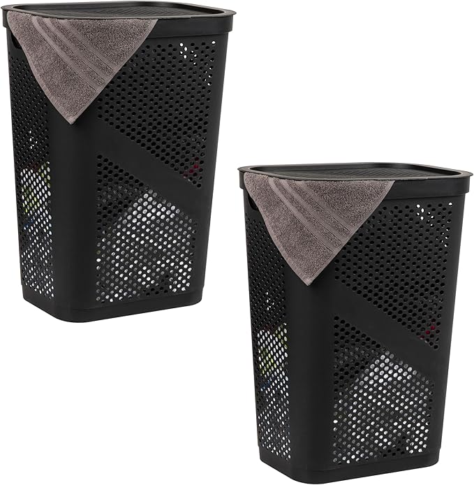 Mind Reader 60L Slim Laundry Hamper, Clothes Basket, Lid, Ventilated, Plastic, Set of 2, Black