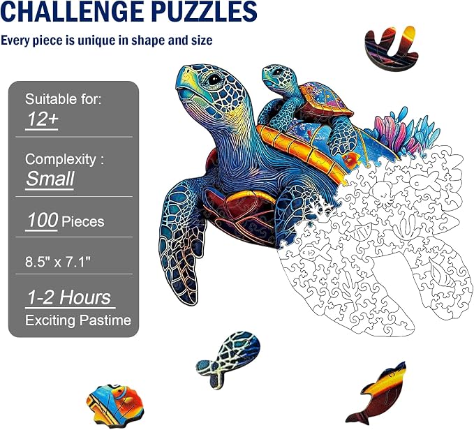 Wooden Jigsaw Puzzles for Adults Teens Kids, Parent & Baby Sea Turtle Wood Puzzle, Wooden Puzzles for Adults, Unique Animal Shaped Puzzle, Fun Challenging Family Games, 100pcs 8.5" x 7.1"