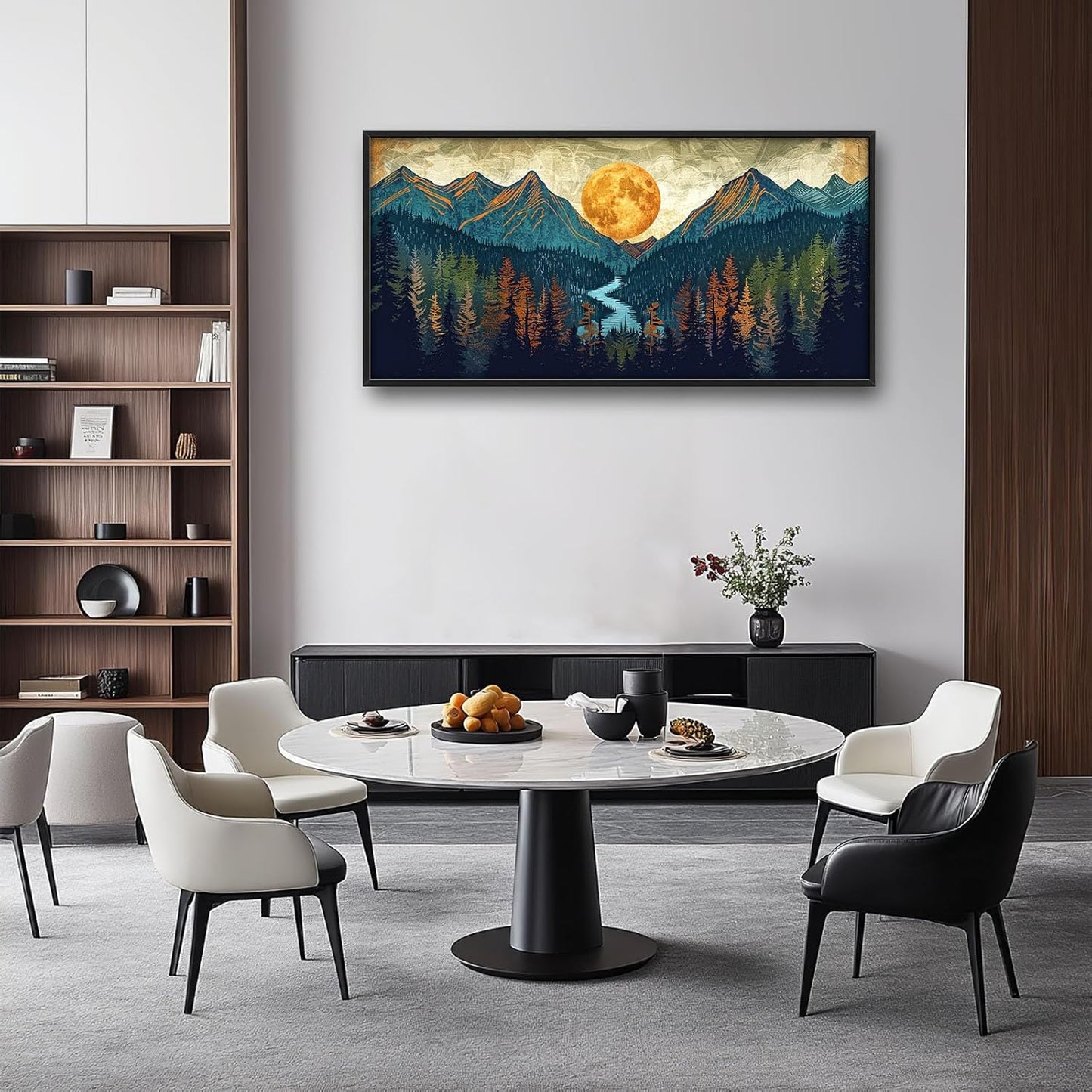 Quorin Boho Mountain Large Wall Art Mountain Landscape Pictures Moon Pine Tree Forest Lake Wall Decor Nature Canvas Print Painting Artwork for Bathroom Living Room Bedroom 60L x 30W