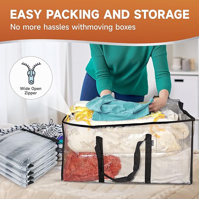 CONGREGATE 6 Pack Extra Large Moving Bags with Zippers and Carrying Handles, Heavy-Duty Storage Tote Moving Boxes for Space Saving, Semi-Transparent 97L/25.6Gal (28.7"x13.7"x15")
