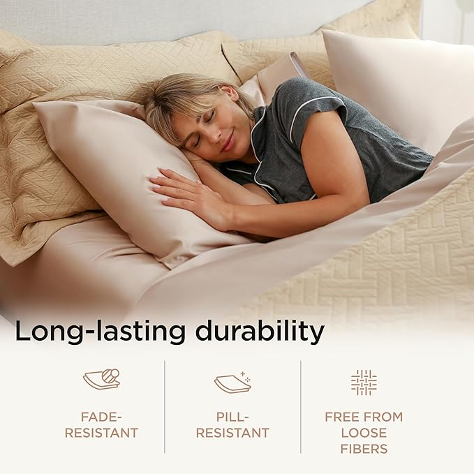 Threadmill 100% Cotton Sheets for Twin Size Bed - 600 Thread Count Twin Bed Sheets Set with 15” Deep Pocket - Sateen Weave 3-Piece Bedding Set with Cooling Effect, Beige