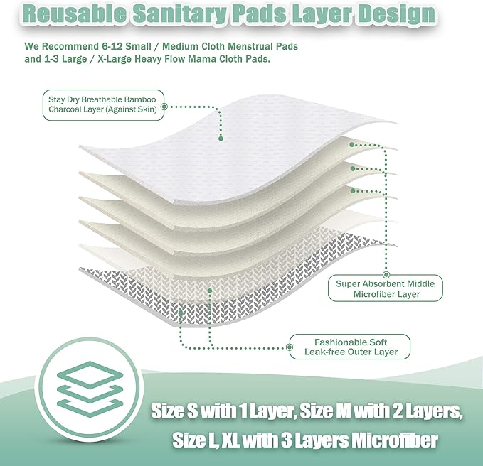 Wegreeco Reusable Menstrual Pads - Soft Cloth Sanitary Pads | Panty Liners - 6 Pack with 1 Cloth Mini Wet Bag (X-Large, Luxury)