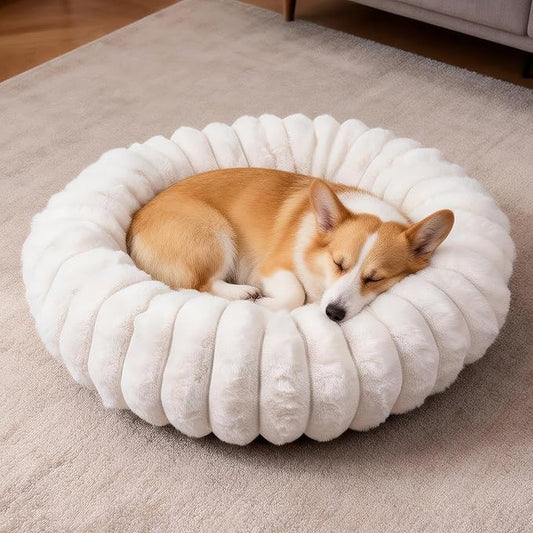 Donut Dog and Cat Bed, Luxurious Comfortable Faux Rabbit Fur Pet Beds, Soft Anti-Anxiety Calming Puppy Kitten Bed with Anti-Slip Bottom for Small Dogs & Cats(20", White)