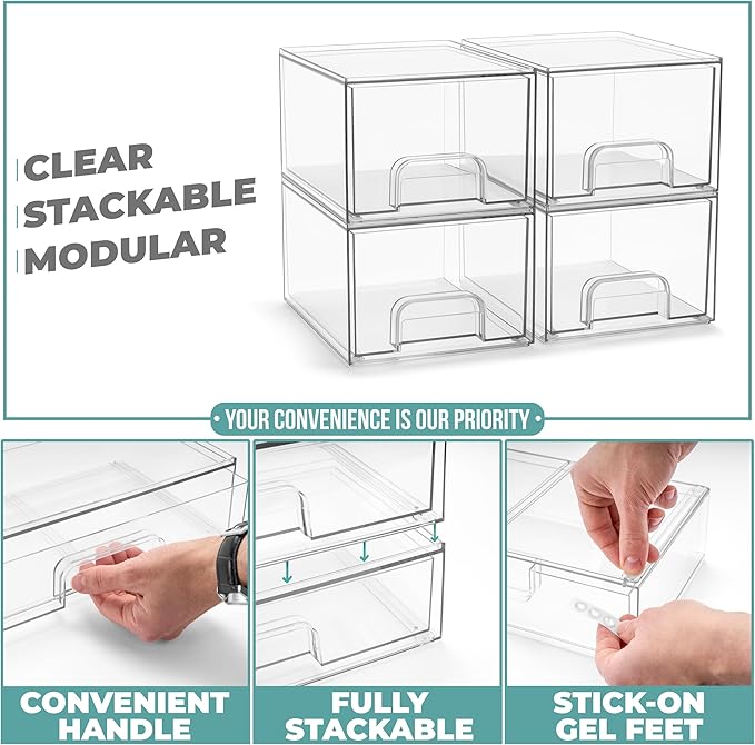 Sorbus Stackable Acrylic Storage Drawers, 12 Pack Clear Plastic Organizer Bins for Baby Bottles, Makeup, Bathroom, Vanity & Kitchen Countertop Organization, PullOut Drawer Design for Cabinets & Pantry