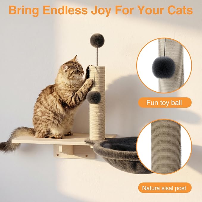 Cat Wall Shelves, Modern Wall-Mounted Cat Furniture Includes House, Bridge, Steps, Scratcher, Perch & Lounge for Indoor Cats, Space-Saving Wall Mounted Cat Shelves for Play & Rest
