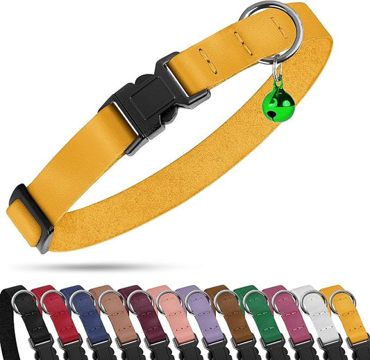 Breakaway Cat Collar with Bell - Leather Adjustable Kitten Collars with Safety Quick Release Buckle - Soft Small Pet Collars for Girl & Boy Cats (Yellow)