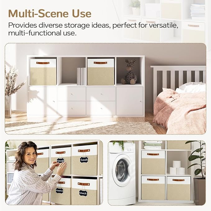13x13 Storage Cubes 4-Pack, Large Foldable Fabric Cube Storage Bin with Reinforced Bottom and Labels, Organizer Baskets for Shelves, Closets(White/Khaki)