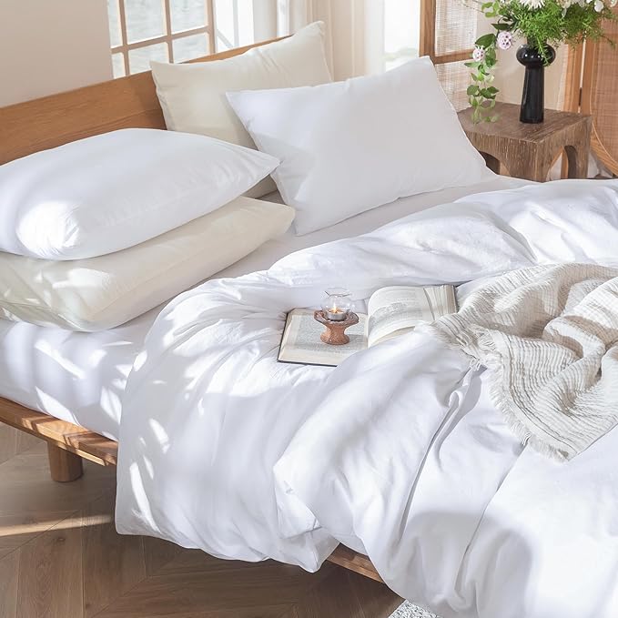 MooMee Bedding Duvet Cover Set 100% Washed Cotton Linen Like Textured Breathable Durable Soft Comfy (Solid Bright White, Cal King 104"x98")