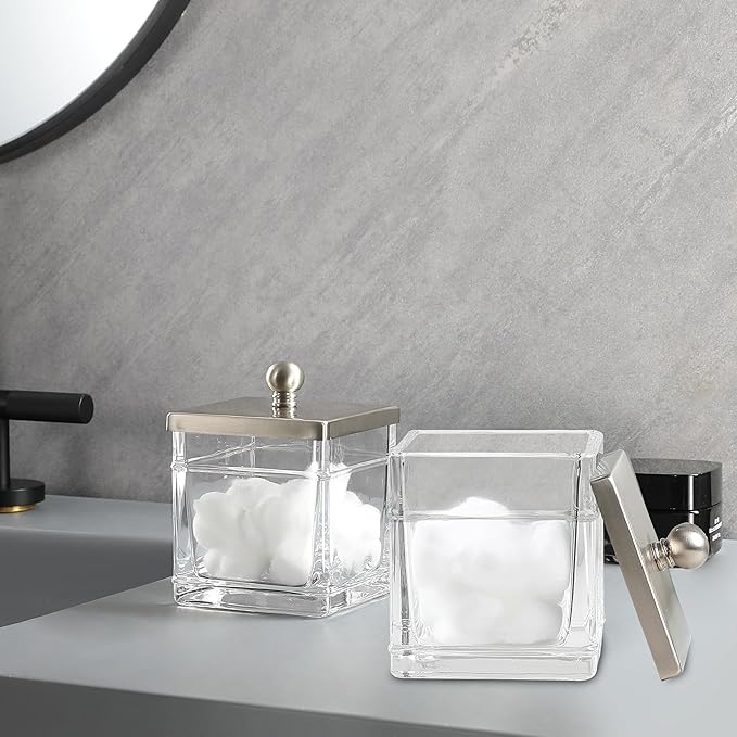 Glass Cotton Jar Holder 2 Pack– Satin Nickel Lid, Elegant Bathroom Storage Canister for Qtips, Cotton Balls, Floss, Makeup Organizer, Vanity & Bathroom Organization