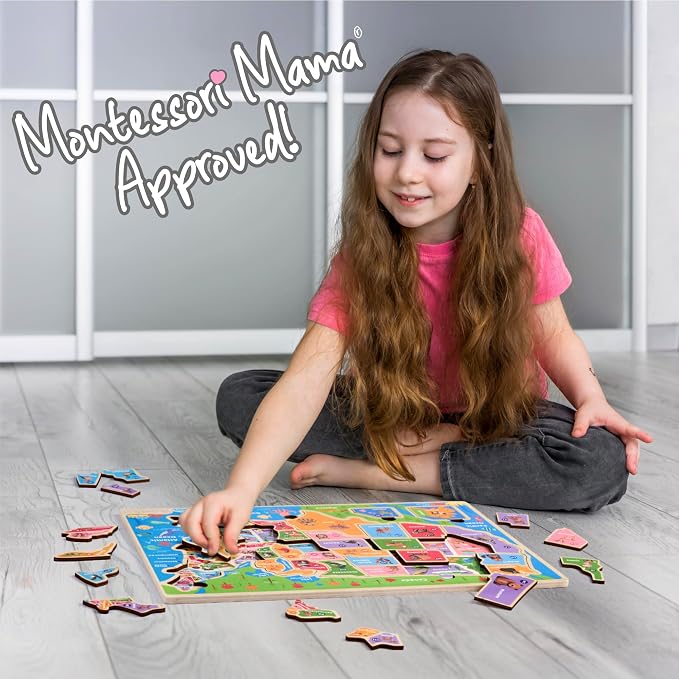 Montessori Mama USA Map Wooden Puzzle, Puzzles for Kids Ages 4-6 Educational Toys for 4 Year Old Kids Puzzles Ages 5-8 Landmarks, Animals, Capitols and States