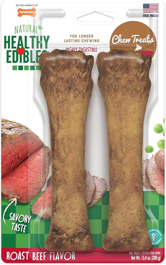 Nylabone Healthy Edibles Natural Dog Chews, Long Lasting Bones for Dogs, Roast Beef Flavor Dog Treats, X-Large (2 Count)