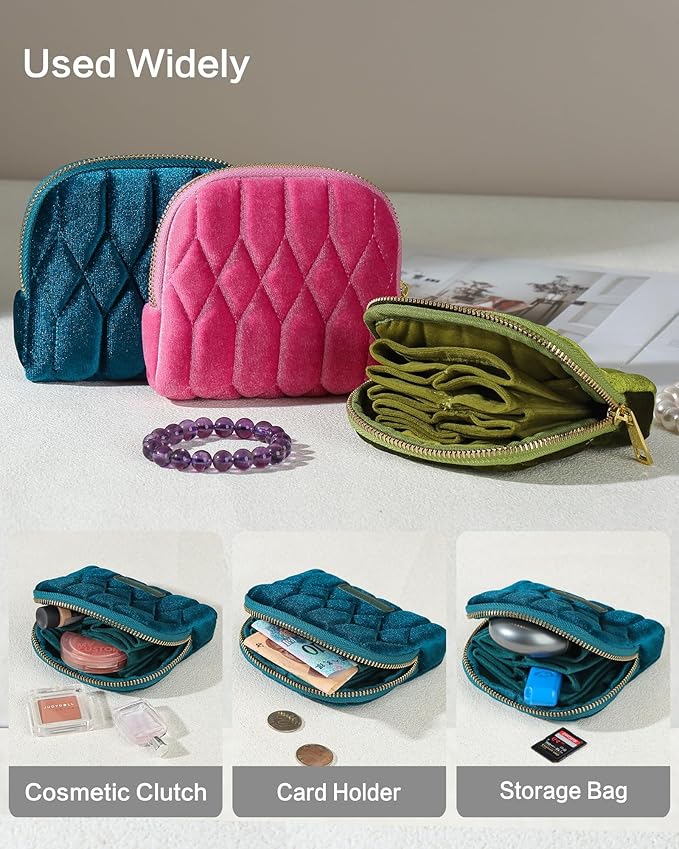 Small Travel Jewelry Case, Mini Travel Jewelry Bag with Zipper, 5-Layer Velvet Organizer Pouch for Bracelet Rings Earrings - Diamond Stitched Velvet BarbiePink