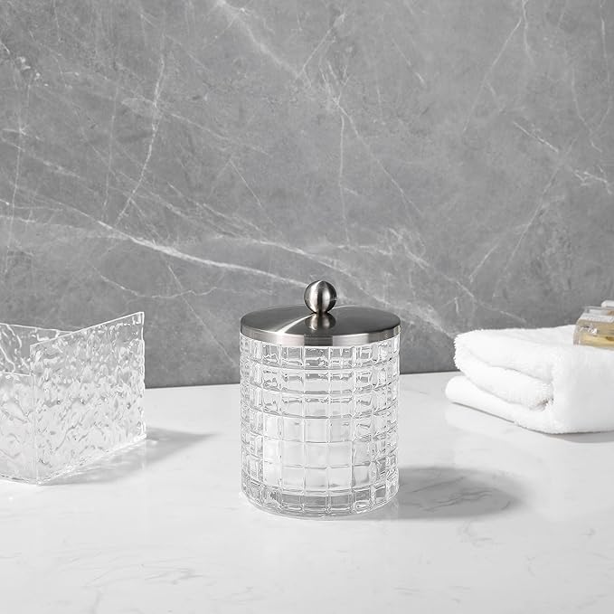 Clear transparent Apothecary Etched Geometric Grid Glass Jar W/Satin Nickel Metal Lid Cover for Bathroom Organization, Cotton Balls, Q Tips, and Small Accessories, Bathroom Storage