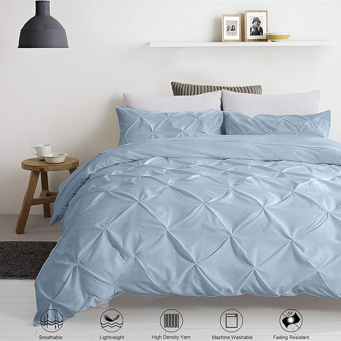 Pinch Pleated Duvet Cover Set 100% Brushed Microfiber 3PC Super King Plus Size 120x120 Duvet Cover Set, Decorative Pinch Design Sky Blue Duvet Cover with Matching Pillow Case