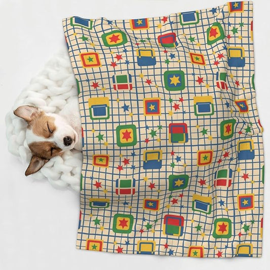 Reversible Pet Blanket for Easy Cleaning Maintenance, Abstract Mid Century Modern Grid, Double Sided Plush Dot Design Means Double Use Between Washes for Convenience