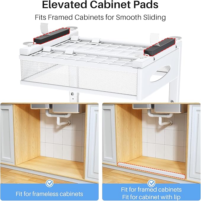 Under Sink Organizer, 2 Tier Pull Out Under Cabinet Organizer Shelf with Pad for Framed Cabinets, Metal Slide Out Under Sink Storage, Mesh Sliding Drawers for Kitchen Bathroom Laundry(White, 1 Pack)