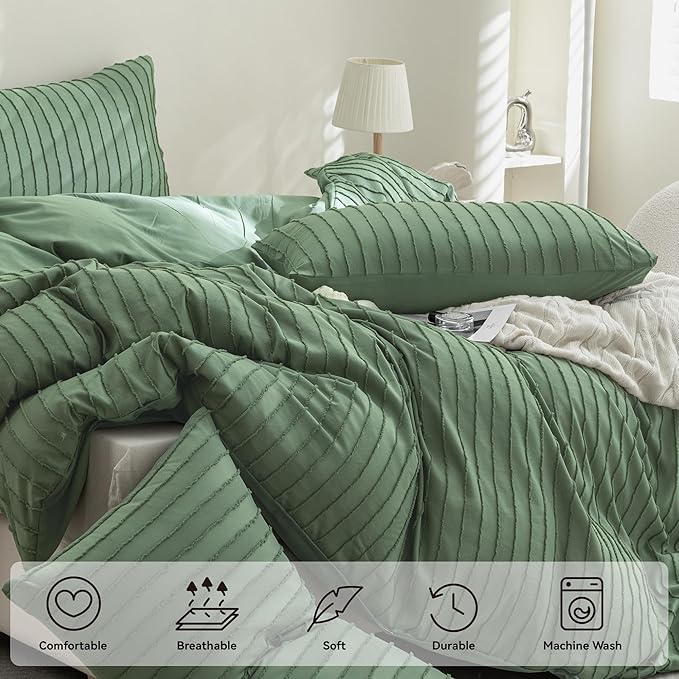 JELLYMONI Duvet Cover California King Size Green - 3PCS Boho Striped Duvet Cover Set Polyester Tufted Bohemian Textured Comforter Cover 104×98in with Corner Ties & Zipper and 2 Pillowcases