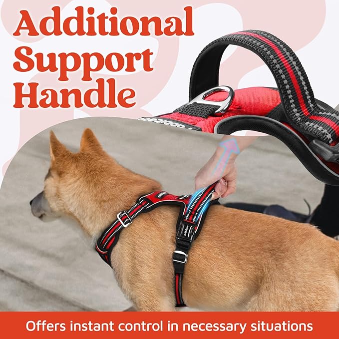 rabbitgoo Dog Harness for Large Dogs, No Pull Pet Vest with 3 Buckles, Adjustable Soft Padded Pet Harness with Easy Control Handle and Reflective Strips, Red, XL