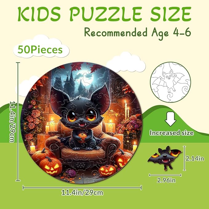 Holiday Wooden Puzzles for Kids - Halloween Black Bat | 50 Piece Puzzles for Kids Ages 4-6 - Kids Puzzle with Unique Animal Shapes - Round Puzzles for Boys and Girls (11.4 * 11.4in)