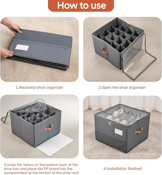 Shoe Organizer for Closet, Foldable Shoe Storage Organizer Containers with Clear Cover, Space Saving Shoes Holder with Handles, Gray (1, Large)