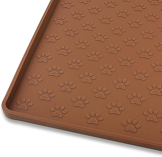 Ptlom Dog Food Mat Anti-Slip Bowl Mats for Food and Water, Waterproof Silicone Pet Placemat with High Raised Edges, Non-Slip Puppy Feeding Tray for Small, Medium Large Cats Dogs, Brown, 24.5" 16.5"