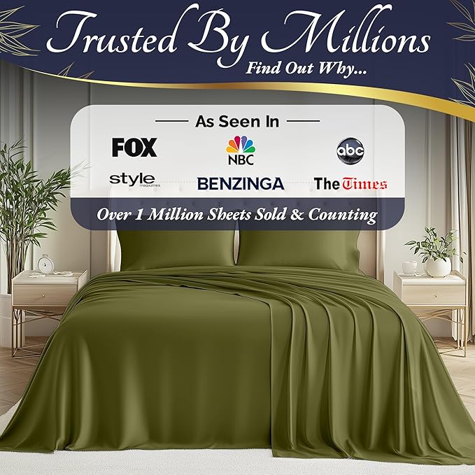 DECOLURE 100% Viscose Derived from Bamboo Sheets Queen Size 4pcs - Ultra Soft & Luxuriously Cooling, 17" Deep Pocket, Double Stitching,Perfect for Hot Sleepers - Queen Bed Sheets (Light Olive)