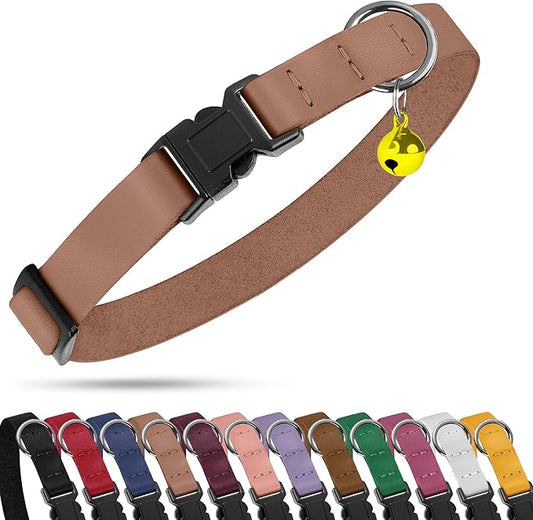 Breakaway Cat Collar with Bell - Leather Adjustable Kitten Collars with Safety Quick Release Buckle - Soft Small Pet Collars for Girl & Boy Cats (Mocha)