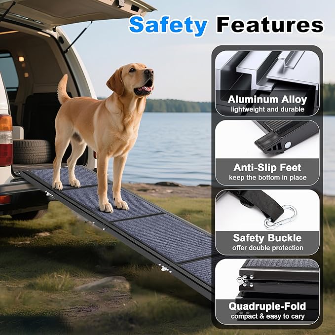 AQUILLA Dog Ramp for Car, 63" Folding Portable Dog Ramp with Non-Slip Rug Surface, Extra Wide Pet Ramps for Cat & Dogs Get on Bed, Cars, Stairs,Pick Up Trucks, Up to 250LBS (63" L x 17.3" W)