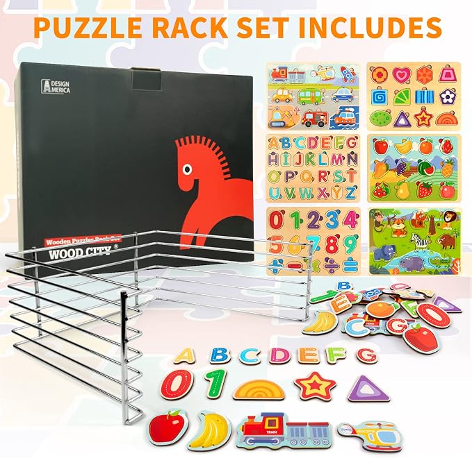 Wooden Puzzles for Toddlers with Storage Rack, WOOD CITY Toddler Puzzles Ages 3-6 for Kids, Learning Preschool Wood Puzzle for Boys and Girls-6 Pack Alphabet Number Shape Fruit Animal Vehicle