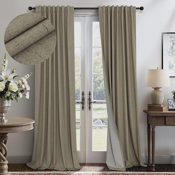 Taupe Blackout Curtains 90 Inches Long Thick Linen Patio Curtain for Sliding Glass Doors Neutral Cottagecore Home Decor Living Room Darkening Energy Saving Drape Window Coverings 52x90 Length 2 Panels