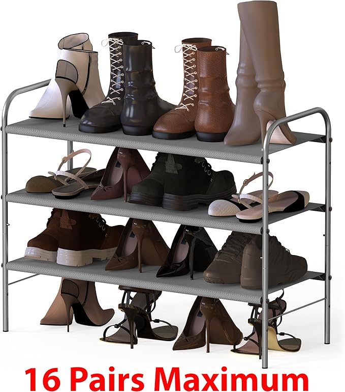 Simple Houseware 3-Tier Shoe Rack Storage Organizer, Grey – Space-Saving Shoe Shelf, Holds 9–16 Pairs, Sturdy Metal Frame, Easy Assembly – Closet, Entryway, Bedroom Shoe Storage Solution