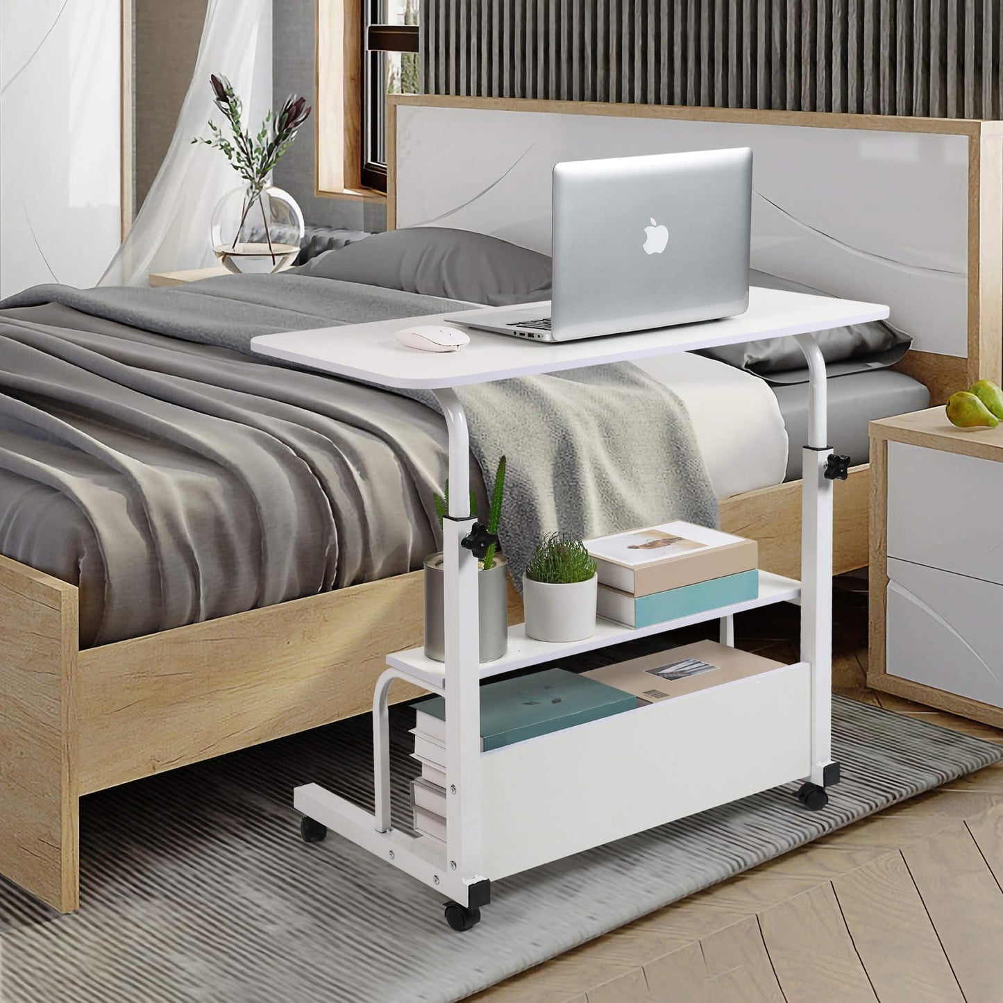 Adjustable Height Mobile Computer Desk for Small Space Rolling Writing with Wheels Corner Home Office Study Portable Bedrooms Work Desk Standing Table Sizes 31.5X15.7 Inches White