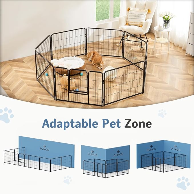 DUMOS Dog Playpen Indoor, Metal 24 Inch 8 Panels Foldable Pet Fence with Door, Outdoor Small Medium Large Dog Puppy Portable Exercise Play Pen for RV Camping, Trips, Play Yard