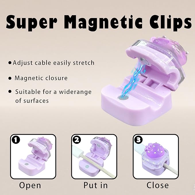 3Pack Magnetic Cable Clips for Nightstand, Adhesive Night-Glowing Cord Holder Organizer for Office Home Desk Wall Car (Strawberry)