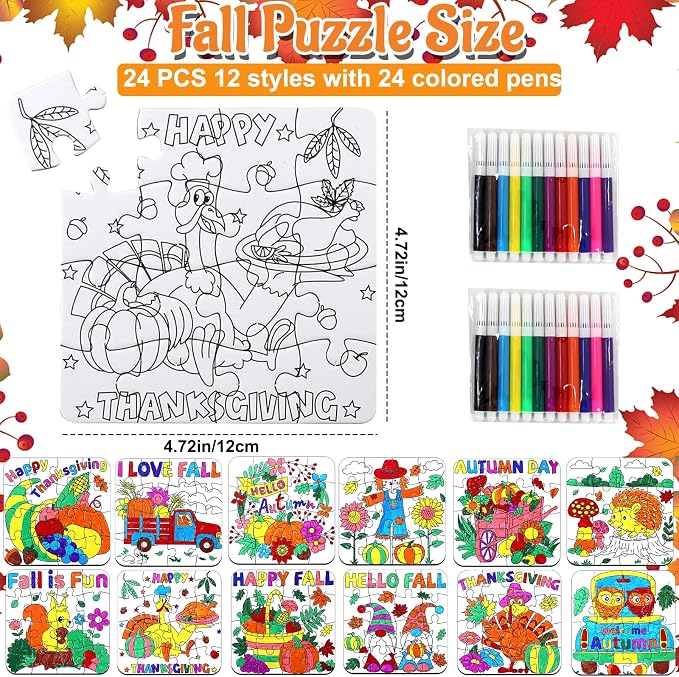 24Pcs Fall Thanksgiving Crafts for Kids Autumn DIY Coloring Puzzle Art Kit | Large Pumpkin Turkey Jigsaw, Friendsgiving Gift Party Favors, Classroom Activity, Art Game Toy, Craft Paper Bulk Supplies