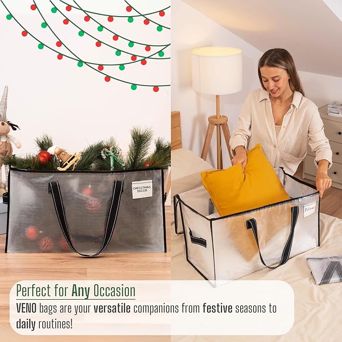 VENO 8 Pack Moving Bags, Christmas Storage Bins, Moving Boxes Alternative, Comforter and Blanket Storage Bags, College Dorm Packing Supplies, Foldable Heavy-Duty Tote (Clear, 8 Pack)