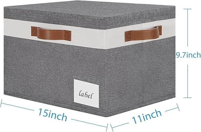 Large Storage Bins with Lids, Foldable Fabric Storage Baskets with Lids, Sturdy Storage Boxes with Labels and 3 PU Handles for Closet Home Bedroom Office (26L, 3 Packs, Grey&White)
