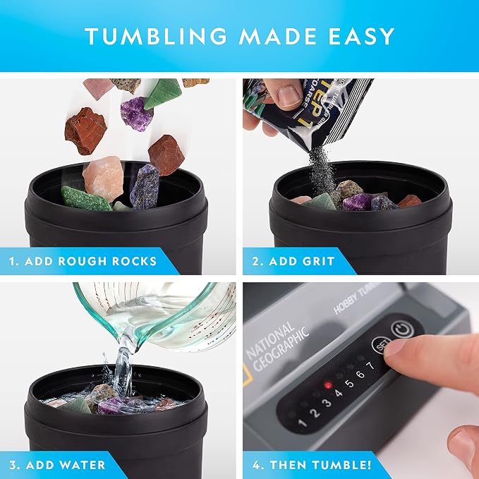 National Geographic Hobby Rock Tumbler Kit for Kids and Adults Ages 8+ | Rough Gemstones, 4 Polishing Grits, Rock Polisher, Geology Science Kit, Rock Tumbling for Kids and Adults, Birthday Gift