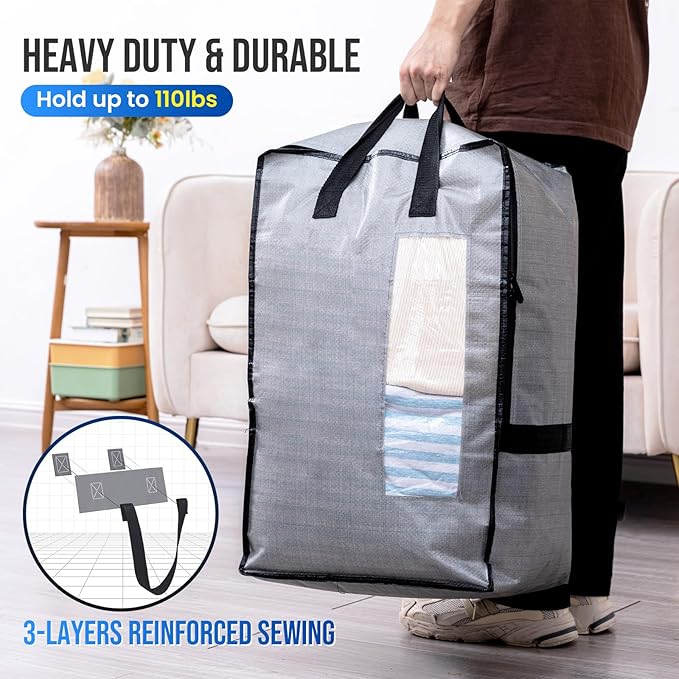 TAILI 4 Pack Gray Moving Bags w/Adjustable Backpack Straps, Moving Supplies, Moving Boxes Alternative, Heavy Duty Storage Totes for College Packing, Camping Backpack for Travel, Dorm, Laundry
