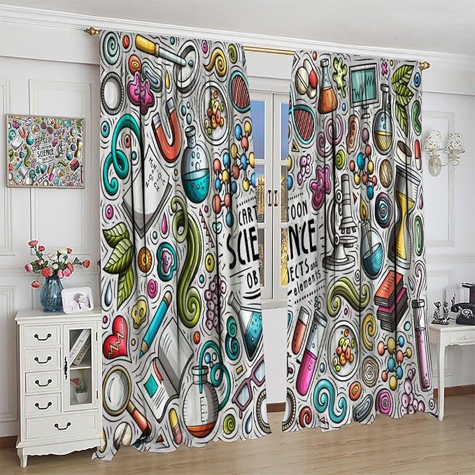 Science Symbols Kids Curtain Sketches Cartoon Chemistry Physics Geometry Education Pattern Print Window Drapes for Bedroom Living Room Kitchen Decor,2 Panel Set,72x63 Inch Blackout