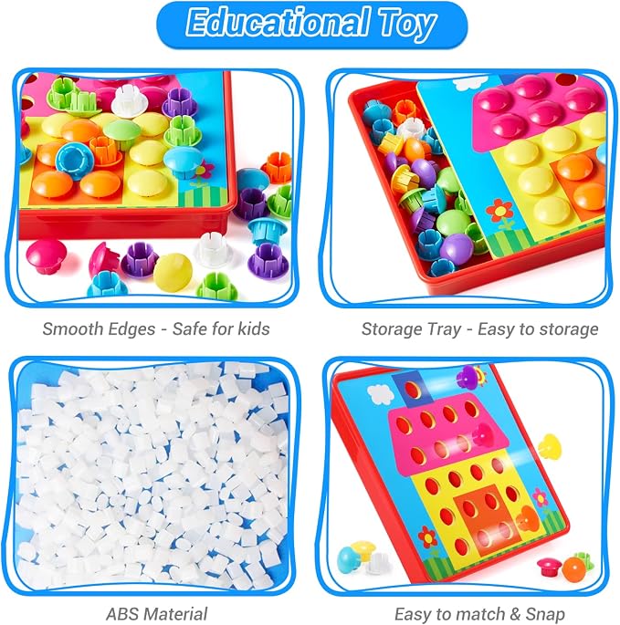 Geekper 68PCS Button Art Toys for Toddlers Color Matching Mosaic Pegboard | Early Learning Educational Toys for 3, 4, 5, 6 Year Old Kids Boys and Girls Easter Gifts, 10 Pictures and 58 Buttons