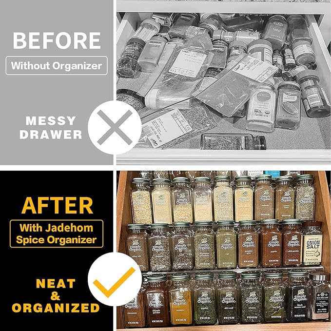 Jadehom 19 x 13 Inches Spice Drawer Organizer, 4 Tier Clear Acrylic Expandable In-Drawer Seasoning Jars Rack, Kitchen Drawer Spice Insert Tray for Cabinet/Countertop