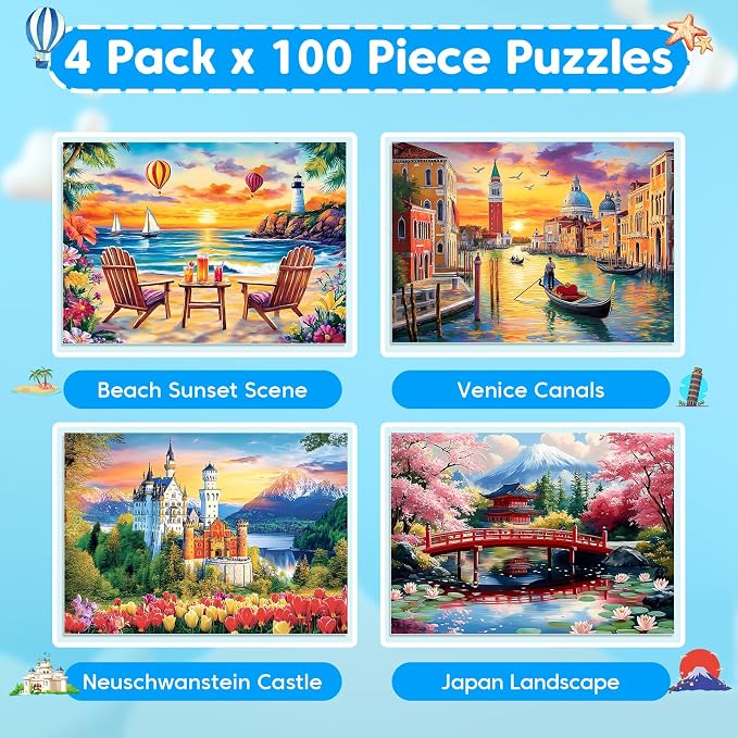 100 Piece Puzzle World Famous Landscapes Jigsaw Puzzles Large Piece Puzzles for Adult Seniors Kids Puzzles for Kids Ages 4-6 6-8 Learning Educational Toys Gifts for Girls Boys 4 Packs