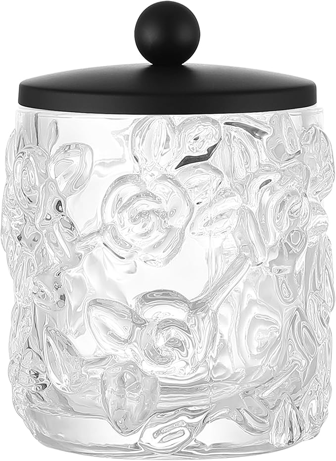Clear Transparent Apothecary Floral Embossed Glass Jar With Matte Black Metal Lid Cover for Bathroom Organization, Cotton Balls, Q Tips, and Small Accessories, Bathroom Storage