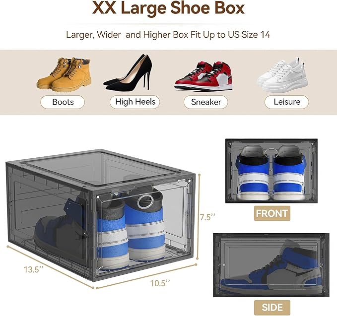 XX Large Clear Shoe Storage Box Organizer for Closet, 9 Pack Thicken Hard Plastic Stackable Shoe Sneaker Rack Display Case Container Bins Organizer, Easy Assembly, Grey