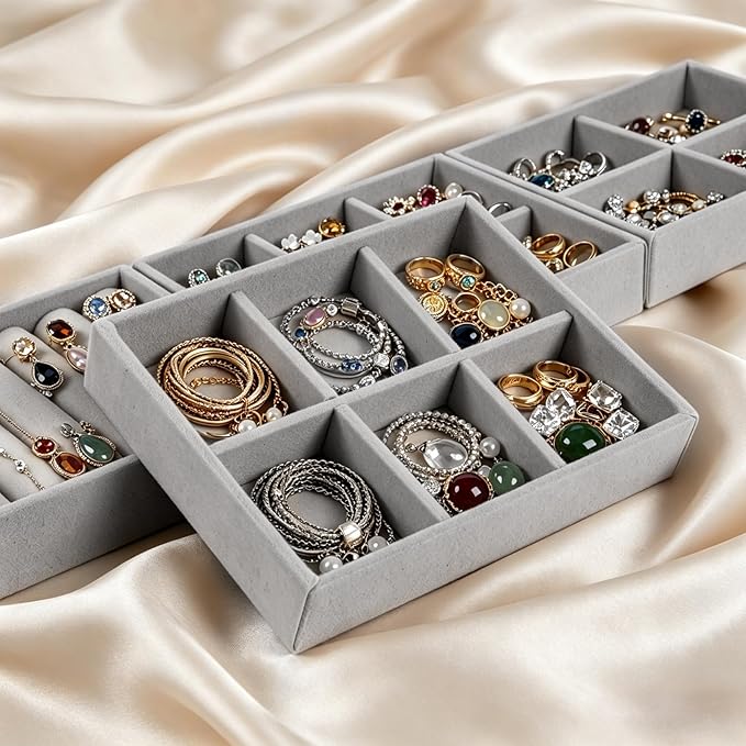 8-Piece 6" Velvet jewelry drawer organizer inserts Removable Dividers, Stackable Drawer Organizer for Rings Earrings Makeup, Vanity Dresser Storage