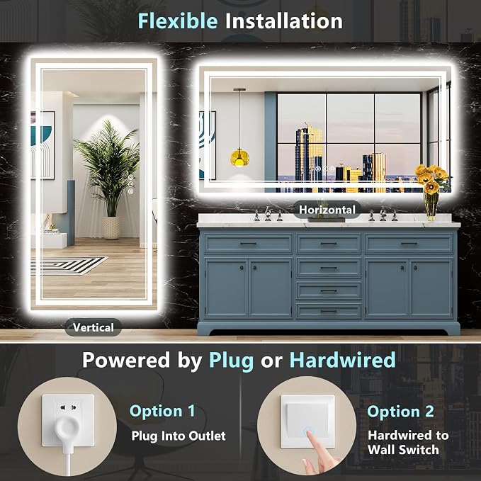 72x40 LED Bathroom Mirror with Lights, Backlit and Front Lit Anti-Fog Lighted