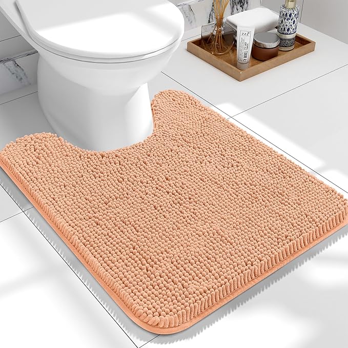 OLANLY Toilet Rugs U-Shaped 24x20, Extra Soft Absorbent Chenille Contour Bathroom Rugs for Toilet, Dry Quickly, Machine Washable, Non-Slip Bath Mat, Peach