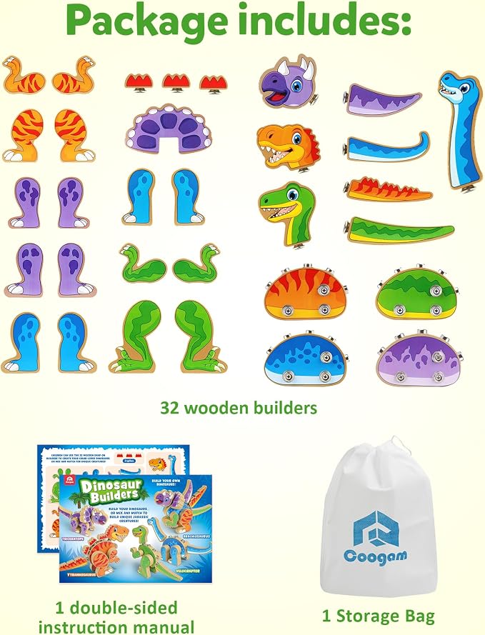 Coogam Build Your Own Dinosaurs Toy, Snap Together Building Dinosaurs Playset, Wooden STEM Take Apart Dinosaur Builder, Montessoi Fine Motor Building Toy Gift for 3 4 5 Years Old Kids